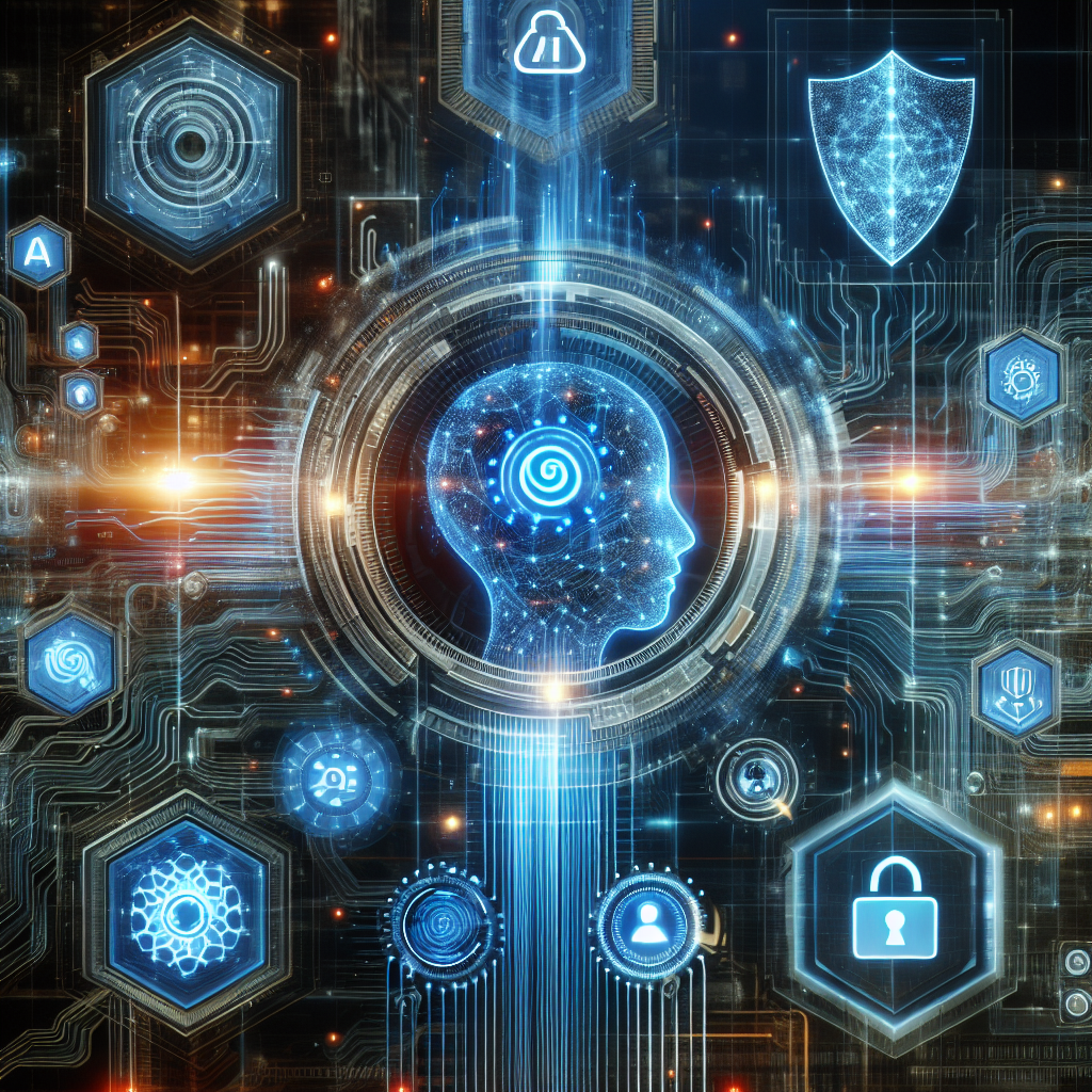 Illustration of AI technology enhancing cybersecurity with digital shields and data patterns