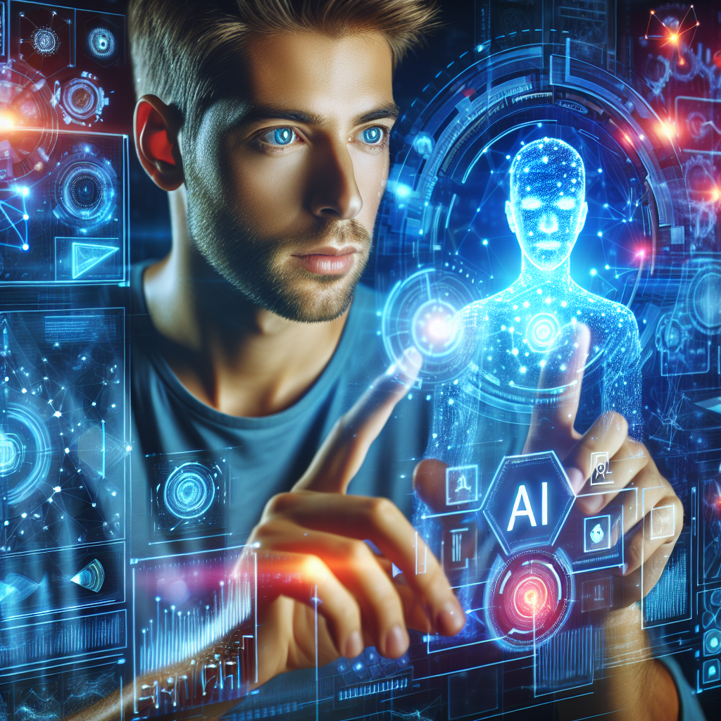 Person using digital interface for AI prompt design with holographic elements.