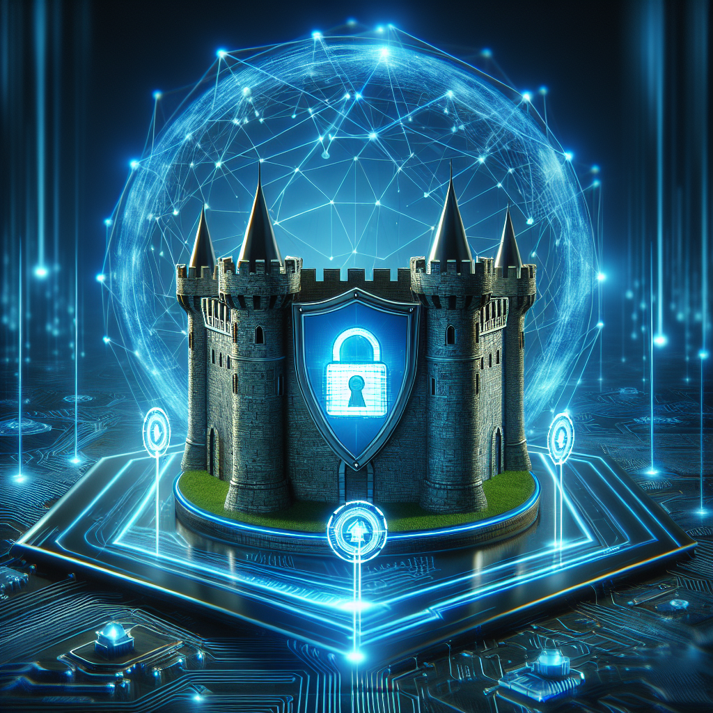 An illustration of a digital fortress with a shield icon representing cybersecurity.
