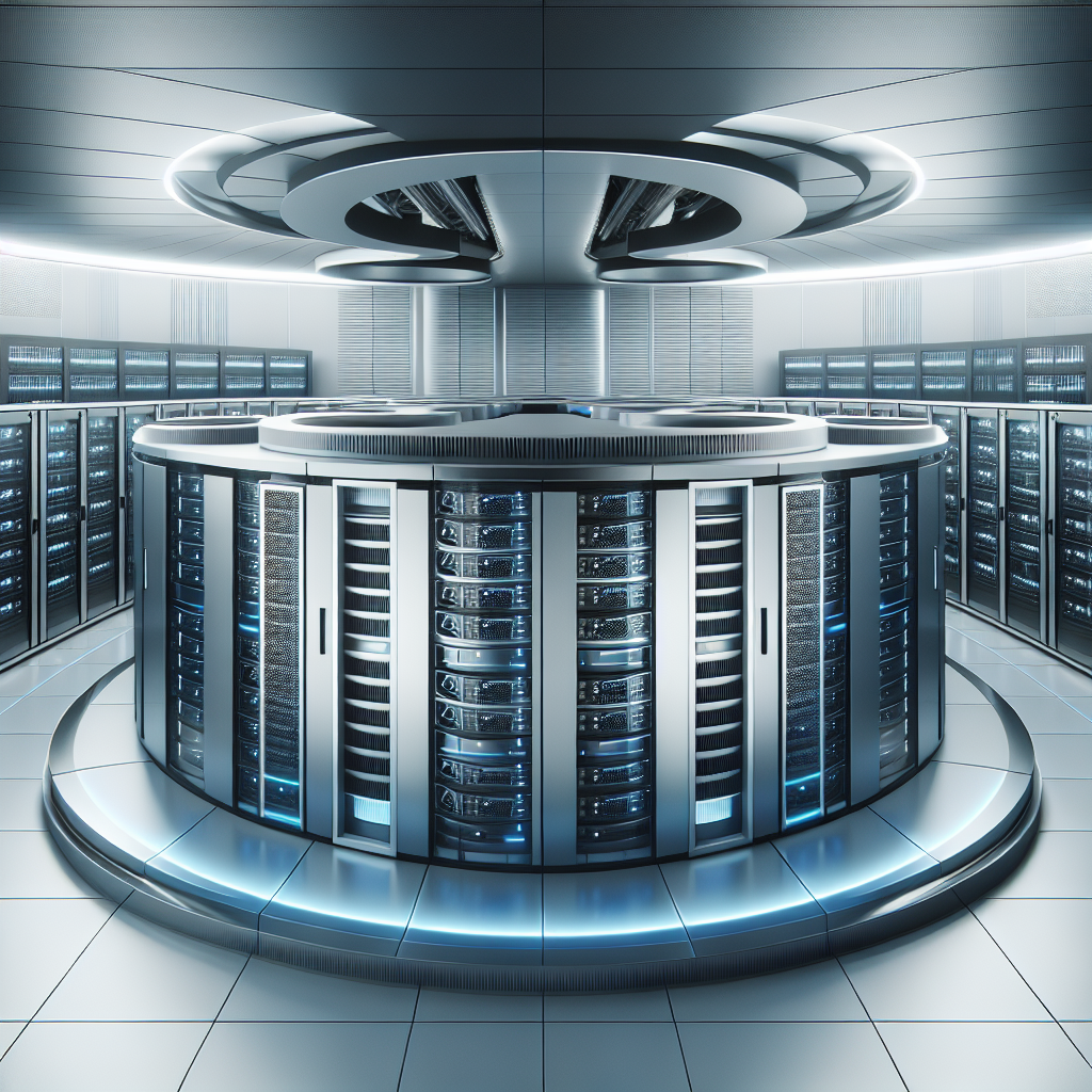 Futuristic data center with servers, cooling systems, and security measures.