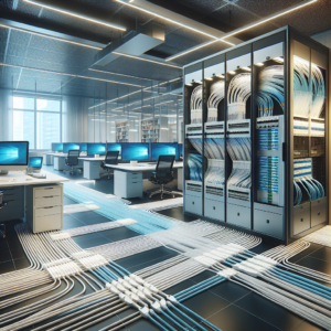 Image of a modern office with neatly organized structured cabling system.