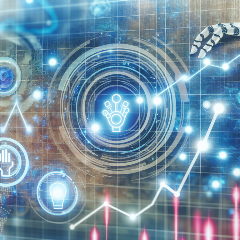 Futuristic symbols of AI surrounding a business chart