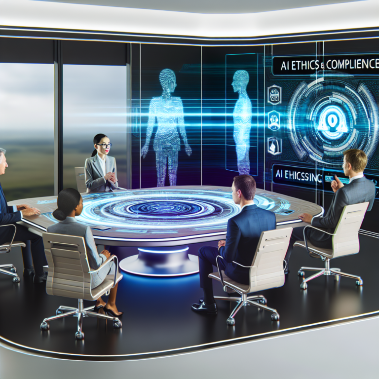 Diverse professionals in a business meeting discussing AI ethics and compliance.