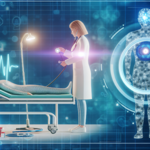 Illustration of AI tools diagnosing a patient in a modern hospital.