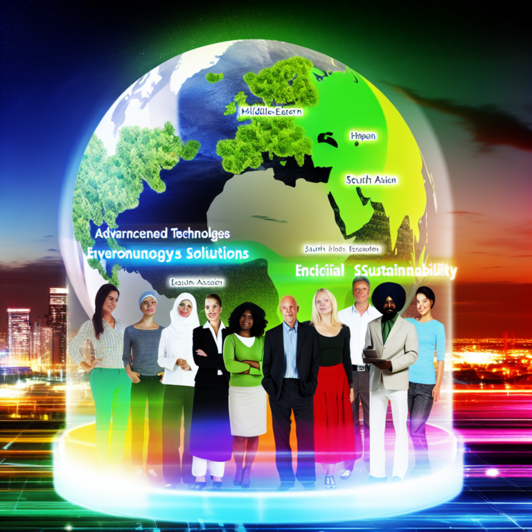 A diverse group of people using technology for environmental sustainability and social good.
