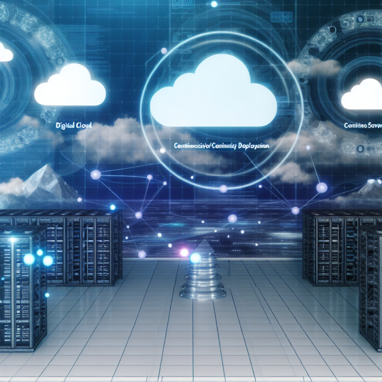 Illustration showing cloud-native DevOps strategies with digital clouds and microservices