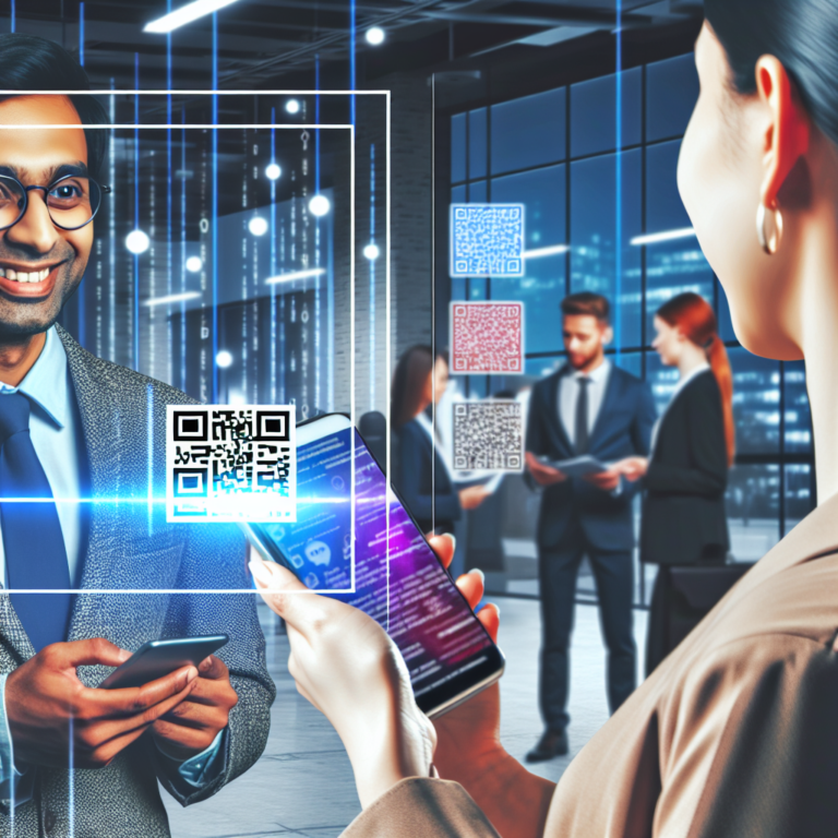 Two professionals exchanging digital business cards using smartphones in a bright, modern office.