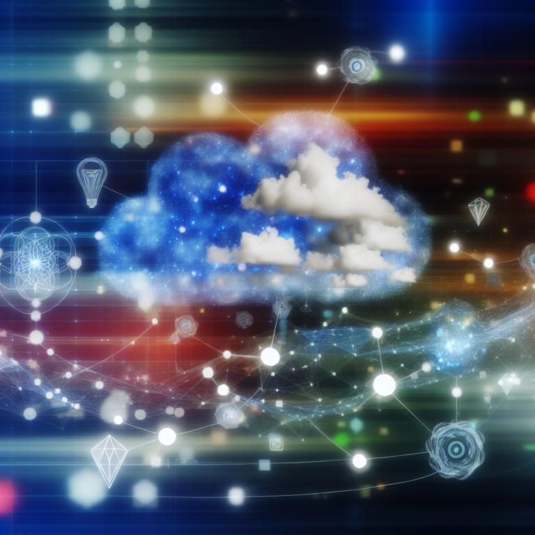 Illustration of a futuristic cloud ecosystem with AI and quantum computing elements.