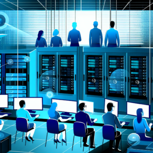 IT professionals analyzing a network with visible blind spots on monitoring screens