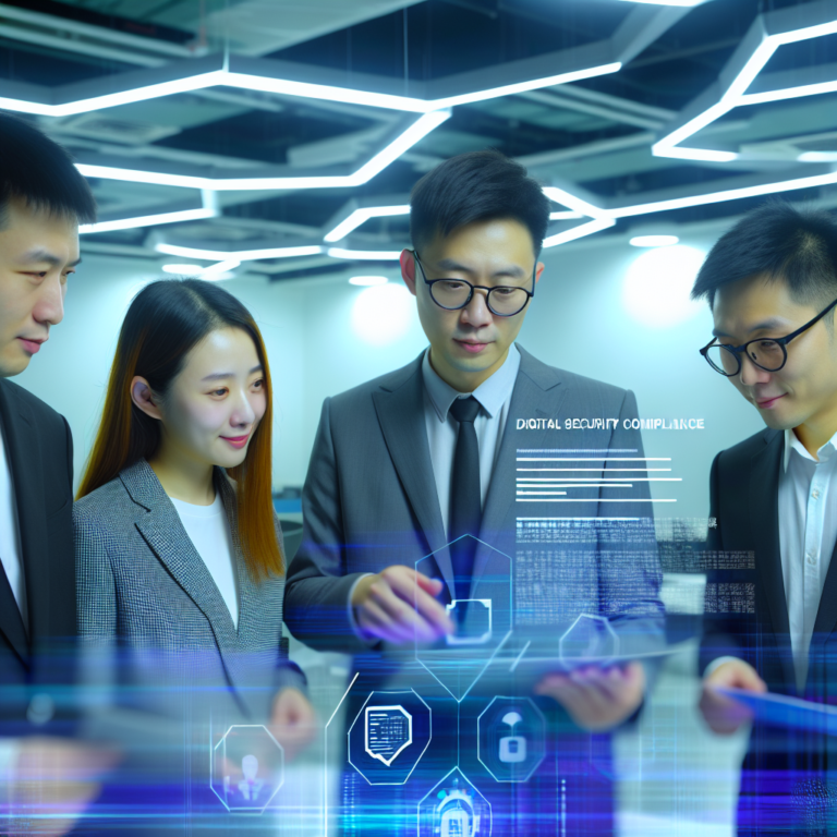 Chinese IT professionals collaborating on cybersecurity rectification documents for 等保2.0 compliance in a bright, modern office