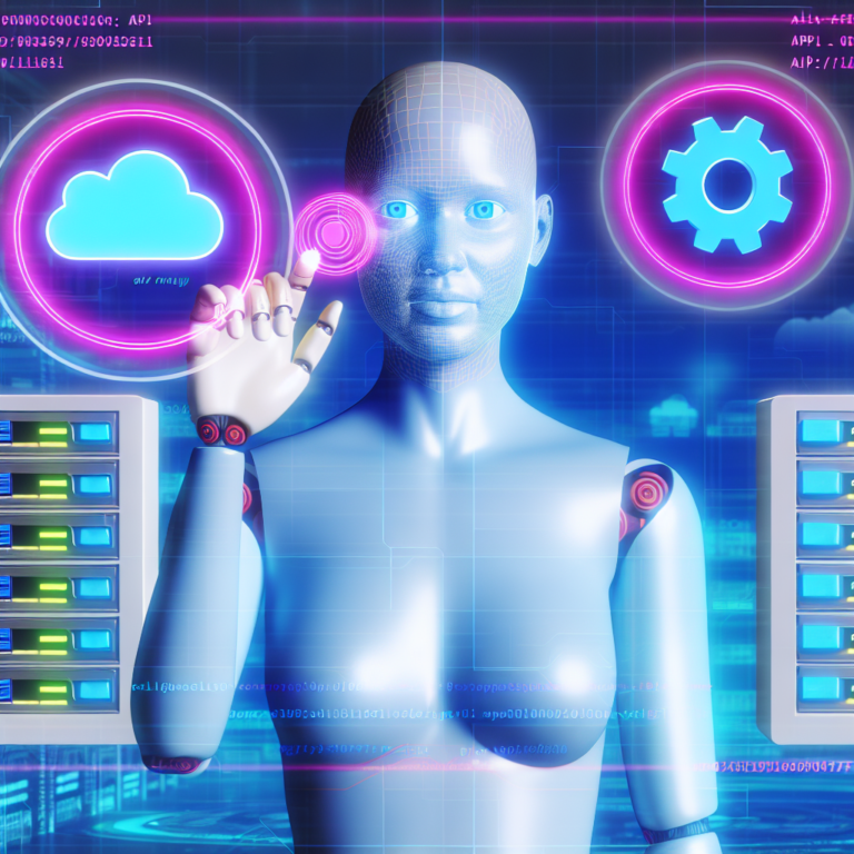 Futuristic AI digital human avatar with cloud and API icons symbolizing reliable deployment