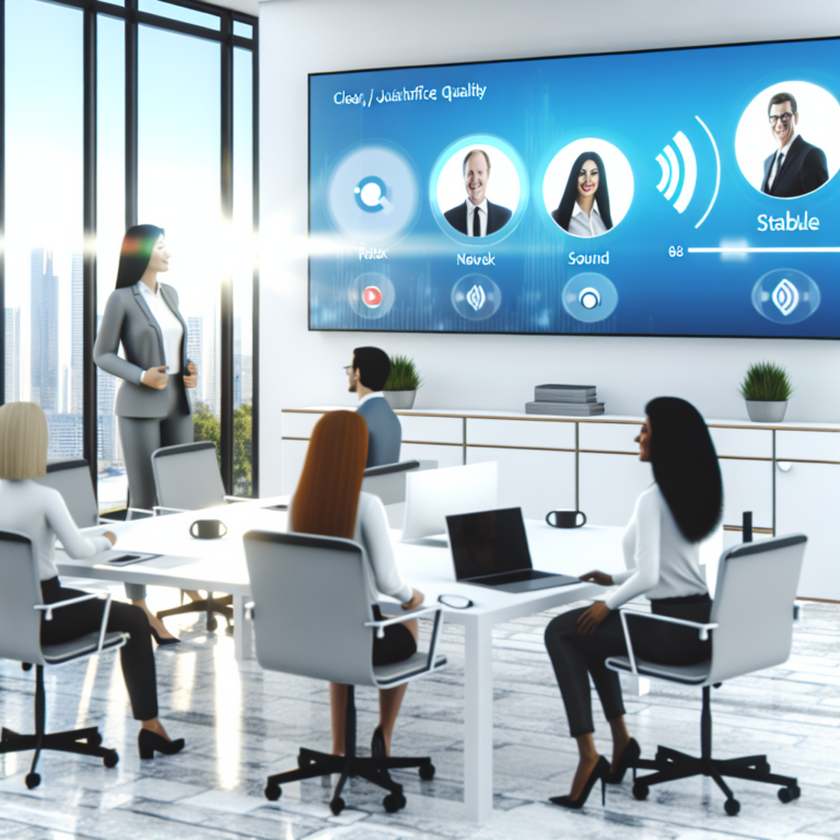 Happy professionals having a smooth Teams voice call in a bright office environment