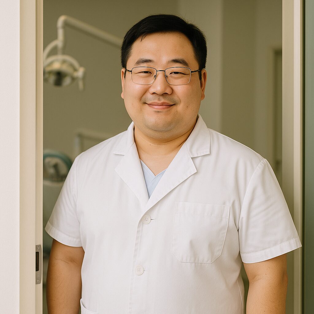 A smiling Chinese male dentist in a white coat standing at the entrance of a dental clinic.