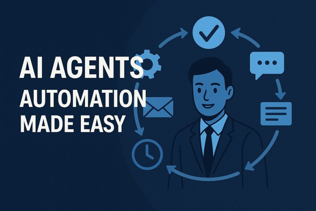 AI agent surrounded by automation icons showcasing simplified workflow and smart task management