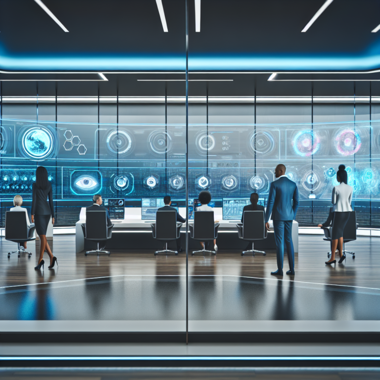 Corporate professionals utilizing AI digital broadcasting technology in a modern control room