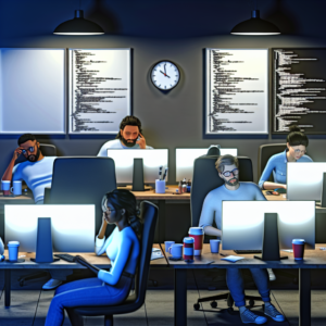 IT professionals collaborating late at night in an office to boost team efficiency