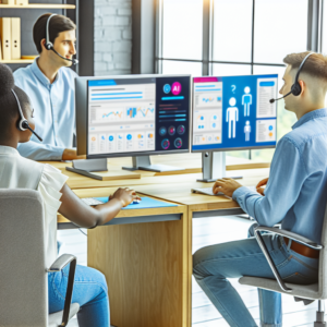 Technicians and AI chatbots providing multi-channel IT helpdesk support in a modern office setting