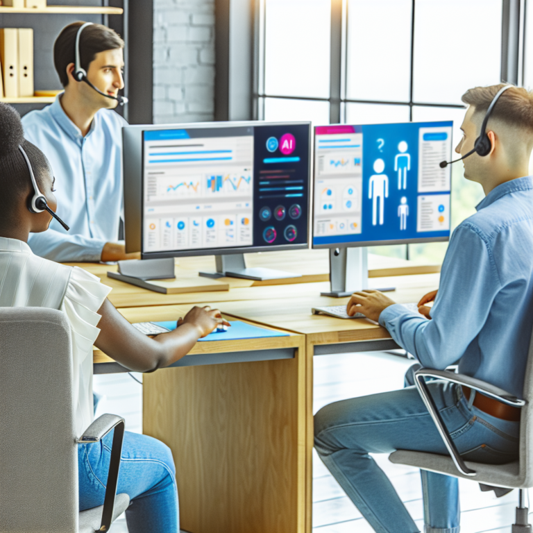 Technicians and AI chatbots providing multi-channel IT helpdesk support in a modern office setting