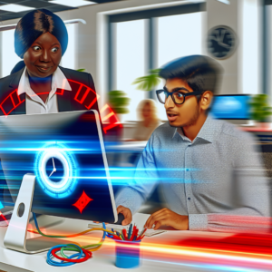 IT technician providing fast onsite support to an office worker with tech icons emphasizing speed