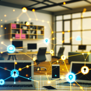 A digital illustration of multiple office devices connected to a network with highlighted security vulnerabilities.