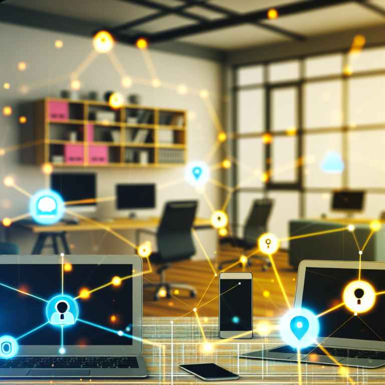 A digital illustration of multiple office devices connected to a network with highlighted security vulnerabilities.