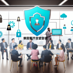 Chinese professionals discussing data protection in a modern office with icons for personal information security