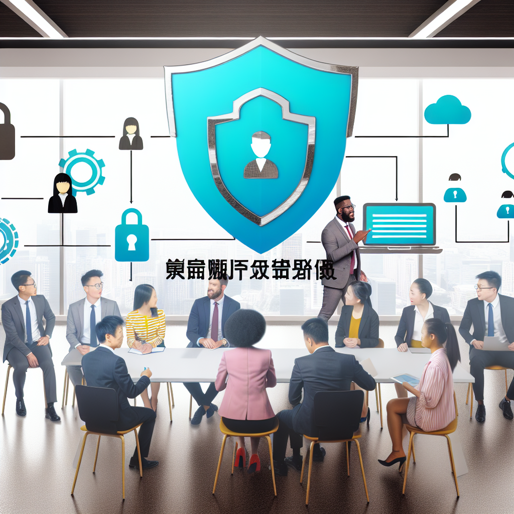 Chinese professionals discussing data protection in a modern office with icons for personal information security