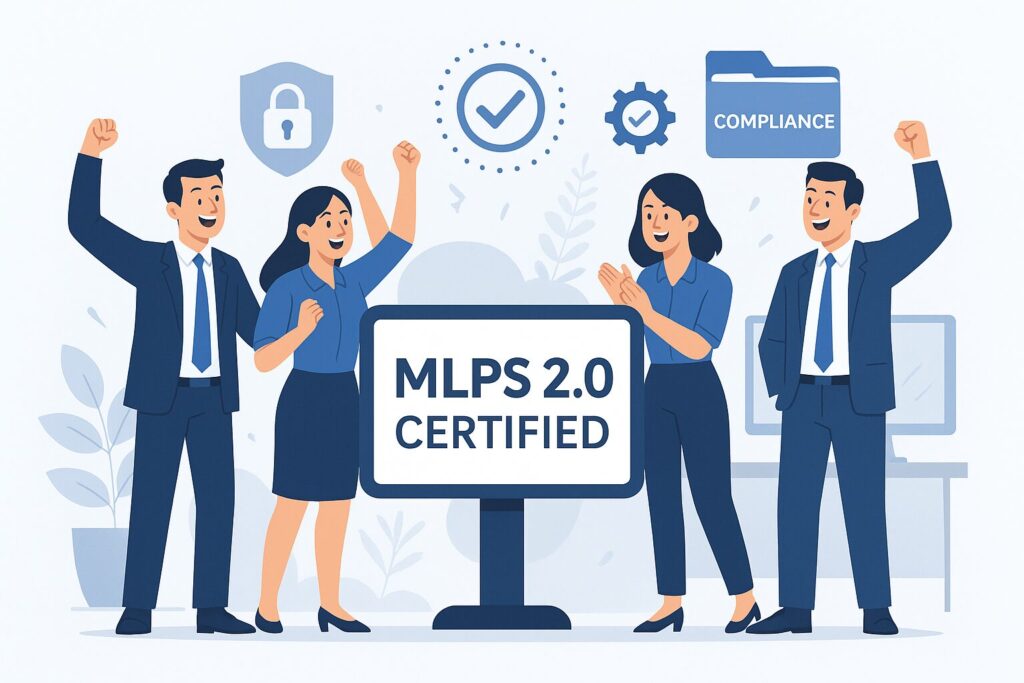 SaaS company team celebrating MLPS 2.0 certification with digital compliance icons in an office setting