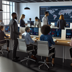 Employees collaborating during a security incident simulation exercise in an office setting