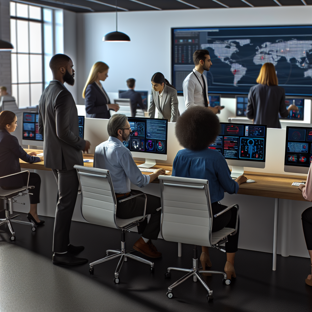 Employees collaborating during a security incident simulation exercise in an office setting