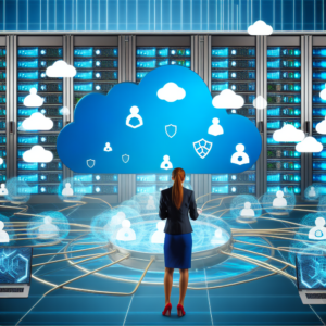 Business team monitoring secure Azure cloud disaster recovery system in a high-tech data center