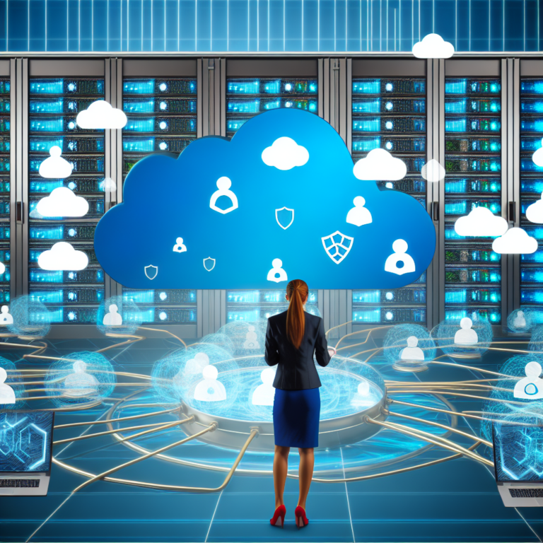 Business team monitoring secure Azure cloud disaster recovery system in a high-tech data center