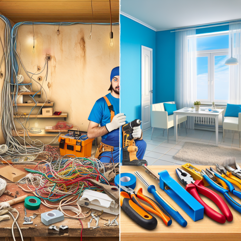Split image comparing a DIY home wiring project with tangled wires and a professional electrician organizing clean wiring