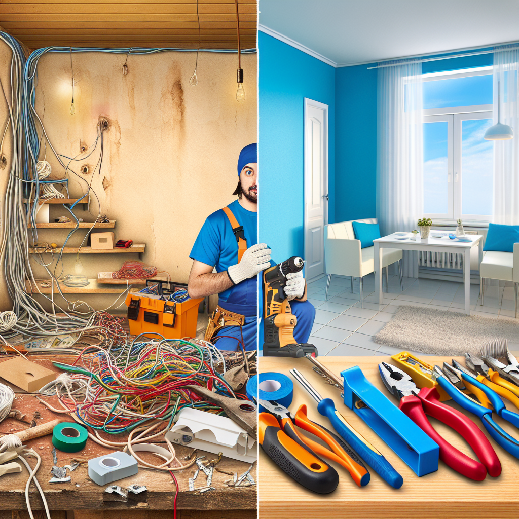 Split image comparing a DIY home wiring project with tangled wires and a professional electrician organizing clean wiring