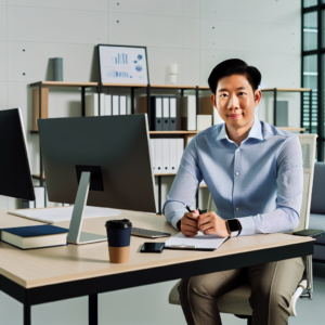 Sales professionals in Changzhou using AI digital avatars on screens in a high-tech office overlooking the city