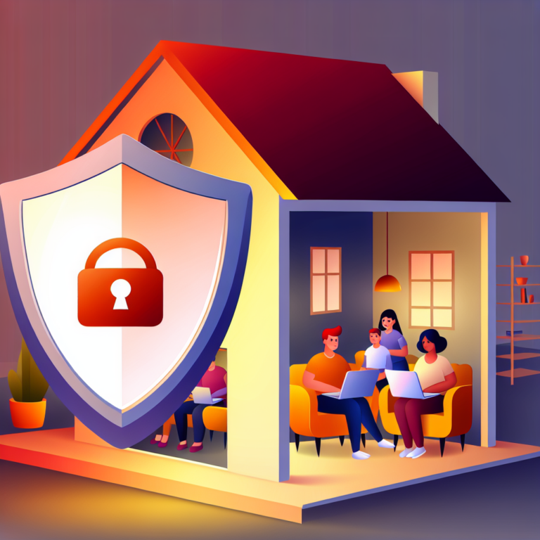 Illustration of a family and their devices shielded by a glowing digital shield representing data protection