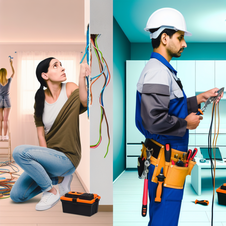 Side-by-side image of DIY wiring and professional electrician working