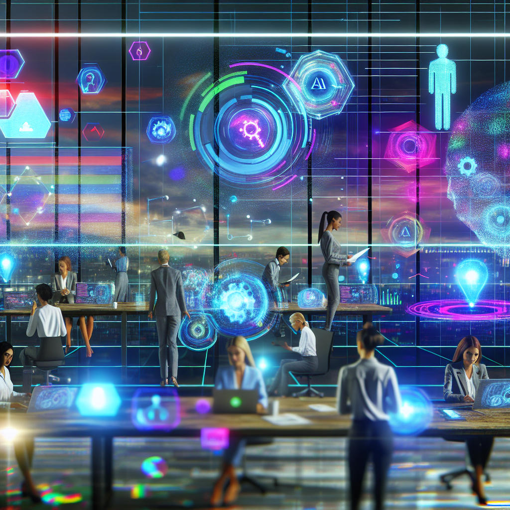 Futuristic digital business environment with AI-driven transformation and collaborative professionals