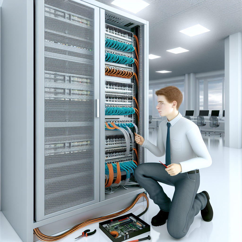Technician performing maintenance on a clean and organized cabinet with neat cables and tools