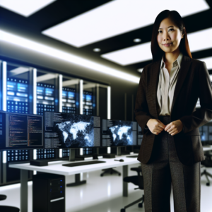 Business professionals in a Tianjin office working together on network security, with digital MLPS2.0 visuals.