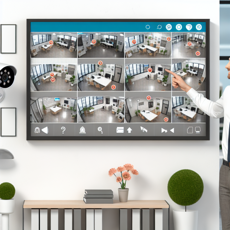 Professional adjusting a surveillance camera to cover a blind spot in a modern office setting.