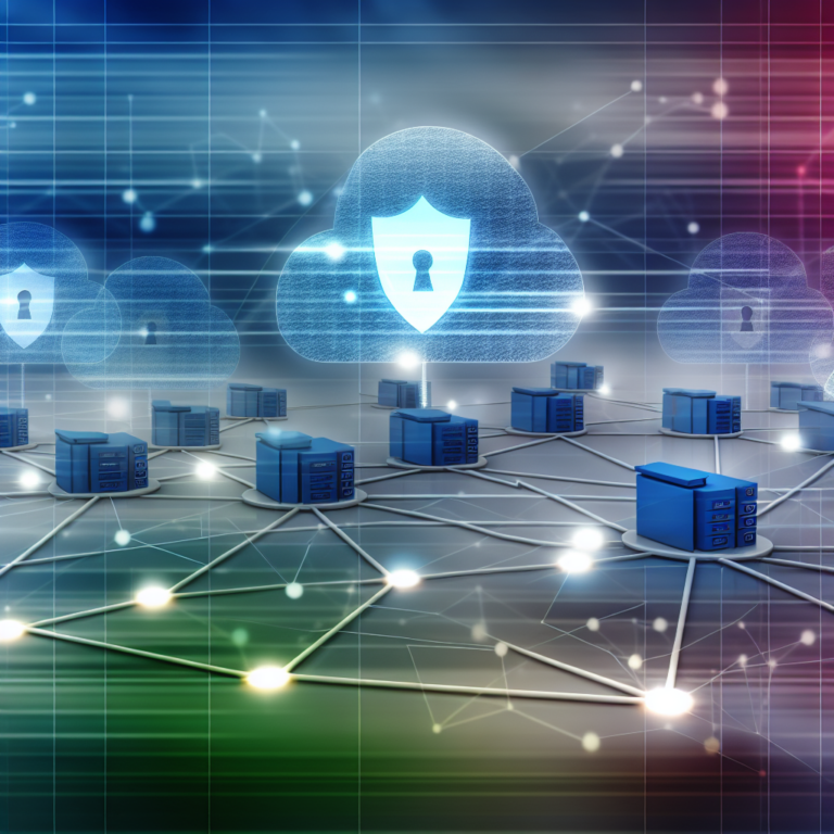 Illustration showing a secure SD-WAN network with shield icons, data encryption, and branch offices.