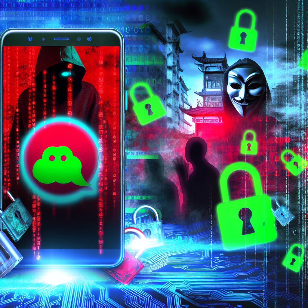 WeChat 3.9 security vulnerability risk illustration with smartphone, alert icons, and hacker imagery