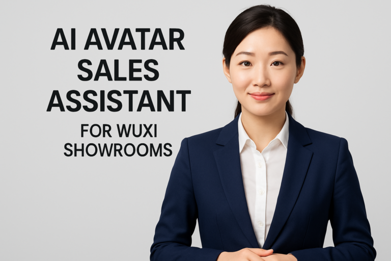 A virtual AI avatar assisting customers inside a sleek Wuxi showroom