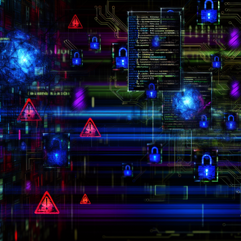 Abstract digital art illustrating cybersecurity vulnerabilities in AI-generated code with warning icons and code lines