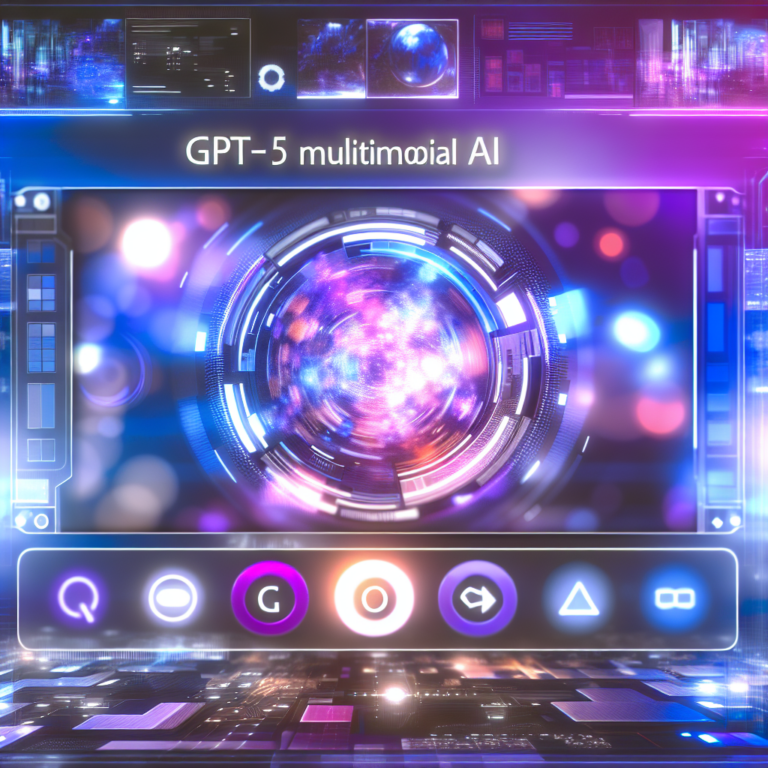 Illustration of GPT-5 handling text, image, audio, and video data in a futuristic digital interface