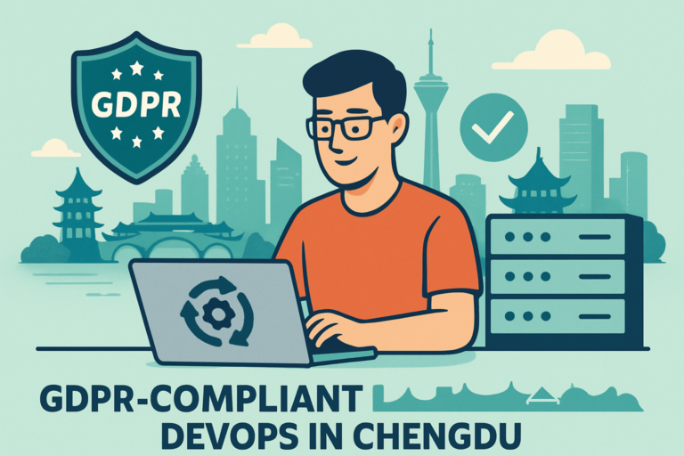 Chengdu city skyline with digital elements representing GDPR-compliant DevOps solutions
