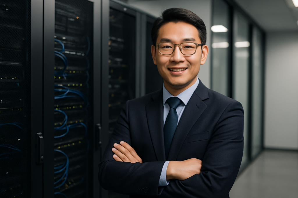 Professionals exchanging interactive AI business cards during a demo event in Tianjin, China