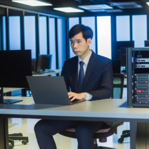 Team in a Qingdao office collaborating on ISO27001 information security strategies with digital security icons.