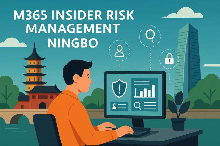 Business professionals in a Ningbo office collaborating while monitoring M365 insider risk on a digital dashboard
